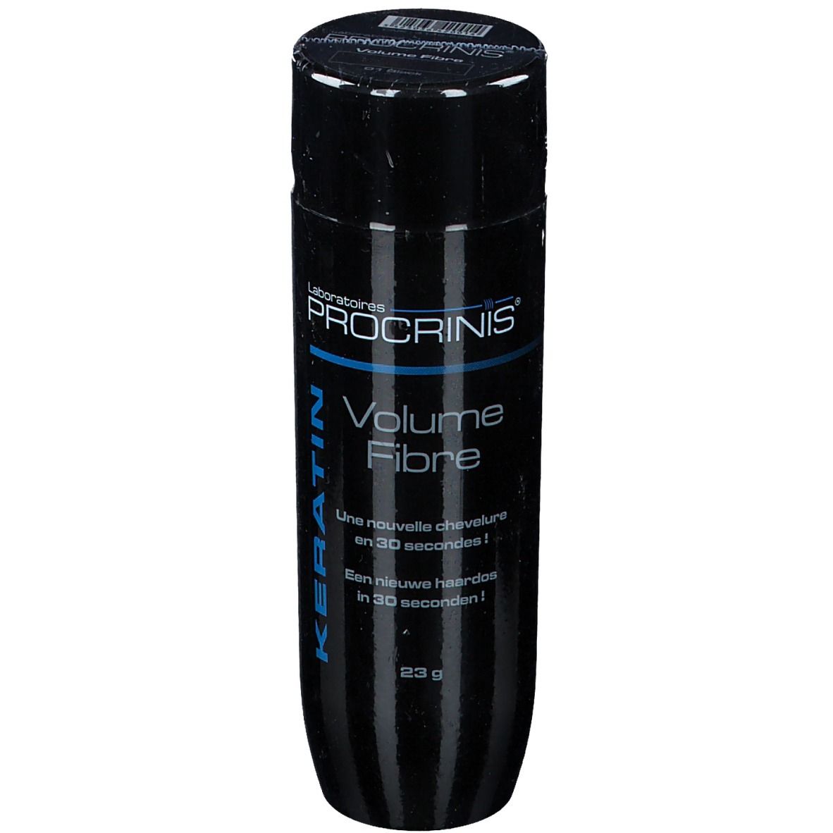 Zwarte fles PROCRINIS® Keratin Volume Fibre. Opschrift: Volume Fibre, Keratine, 23g.