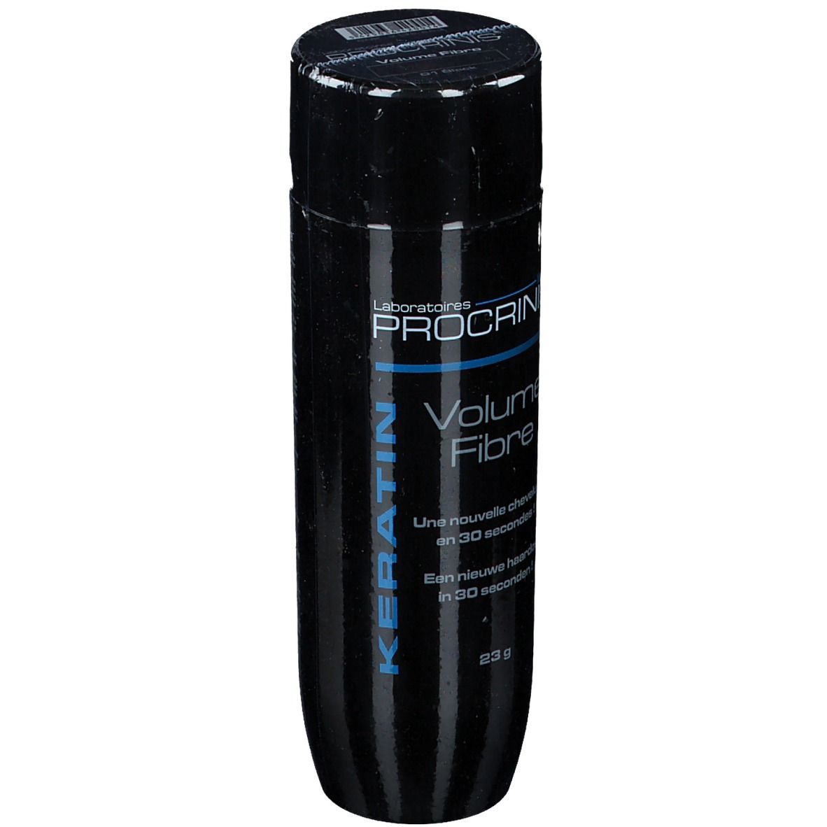 Zwarte fles PROCRINIS® Keratin Volume Fibre. Opschrift: Volume Fibre, Keratine, 23g.