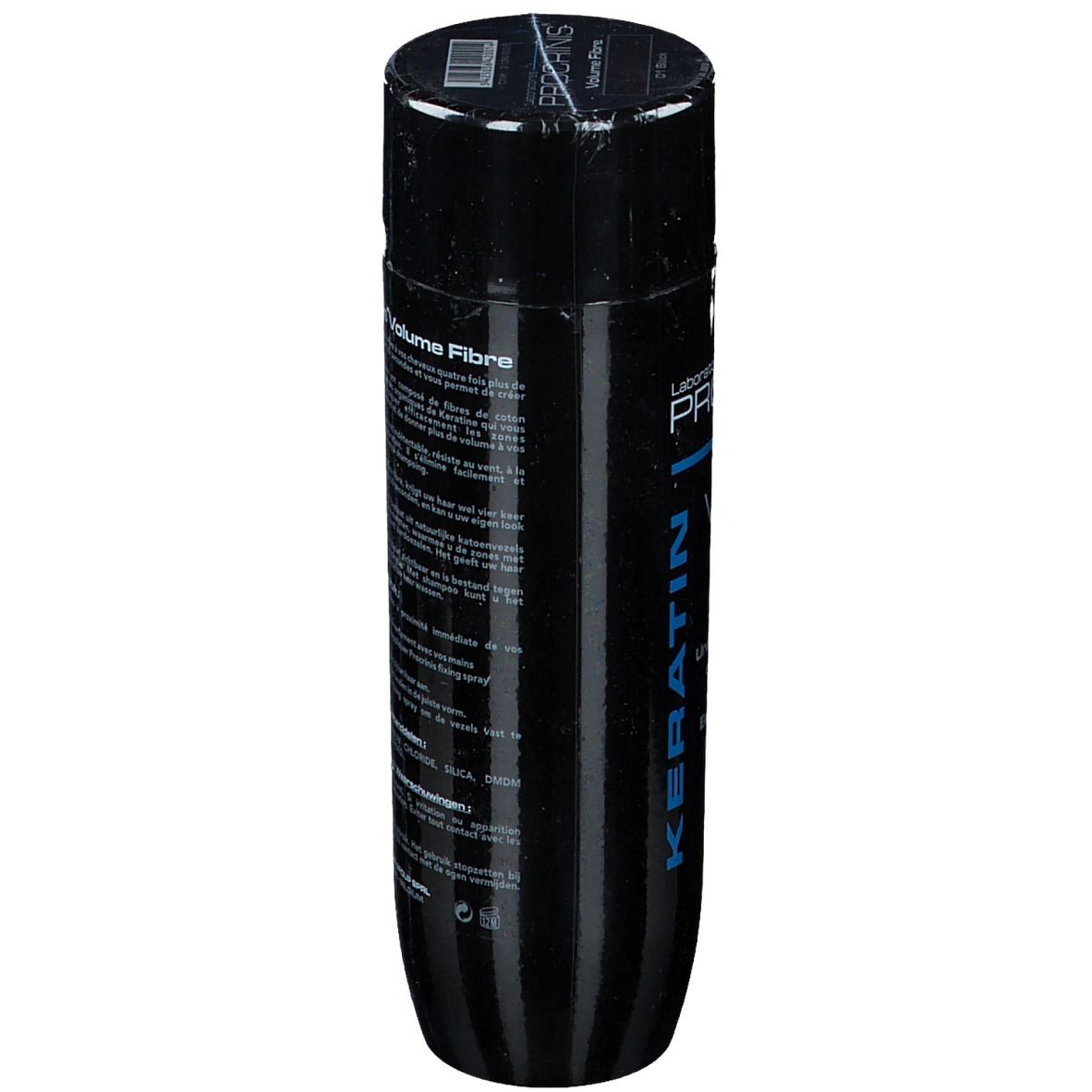 Zwarte fles PROCRINIS® Keratin Volume Fibre. Achterkant met productinformatie.