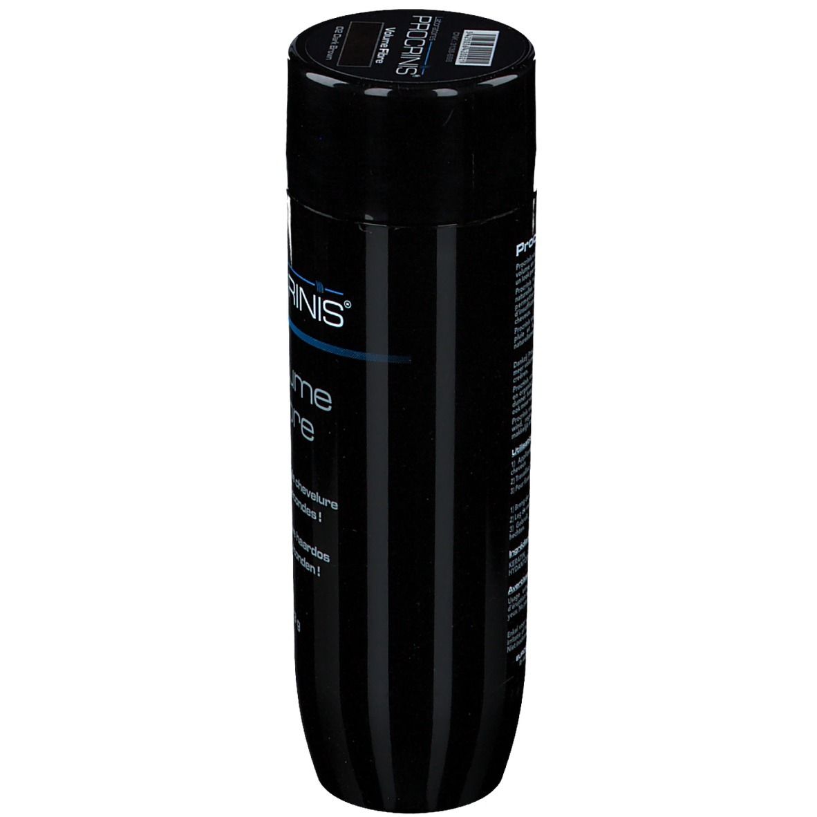 Flacon noir PROCRINIS Volume Fibre, vue latérale. Texte : Kératine, Une nouvelle chevelure en 30 secondes !