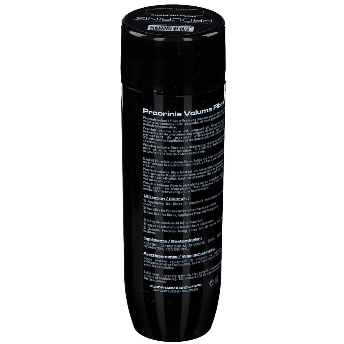 Flacon noir PROCRINIS Volume Fibre, dos avec texte. Texte : Utilisation, ingrédients, avertissements.