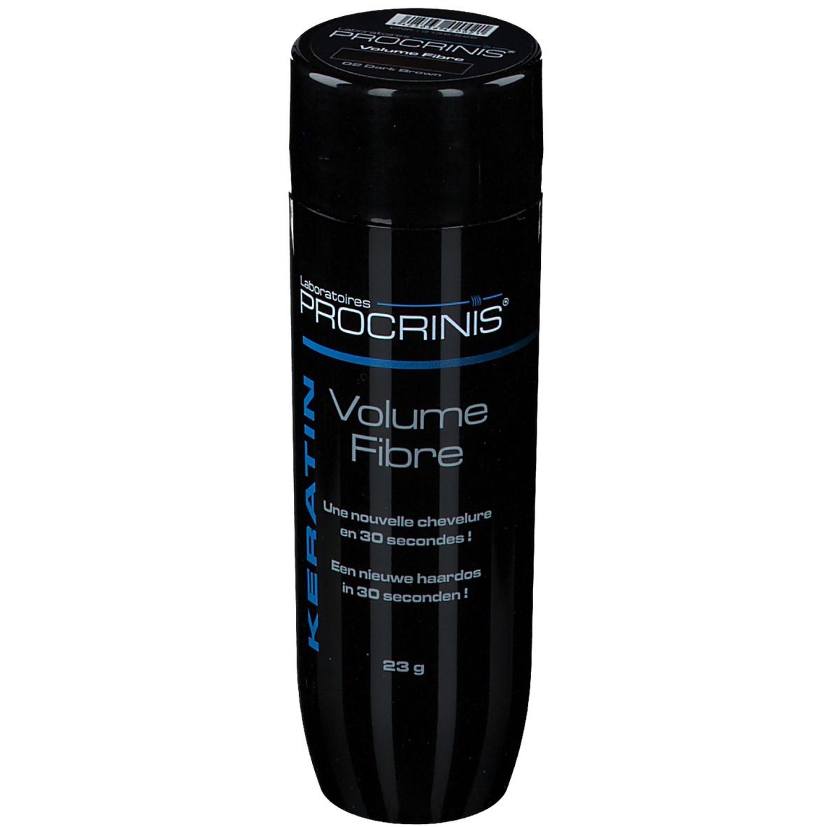 Flacon noir PROCRINIS Volume Fibre. Texte : Kératine, 23g, Une nouvelle chevelure en 30 secondes !