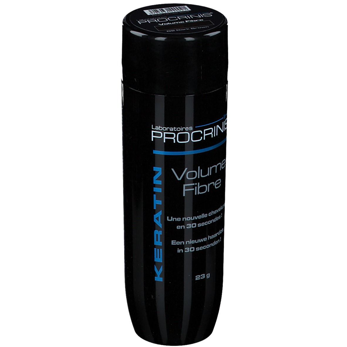 Flacon noir PROCRINIS Volume Fibre. Texte : Kératine, 23g, Une nouvelle chevelure en 30 secondes !