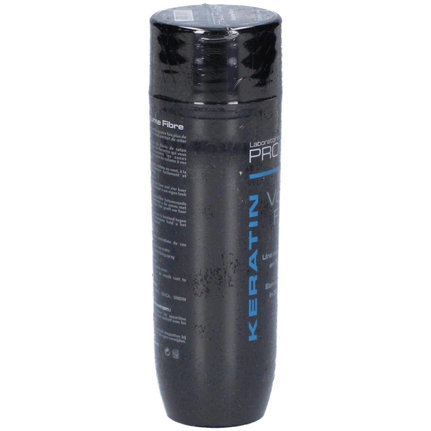 PROCRINIS Keratin Volume Fibre, flacon noir. Dos avec texte multilingue.