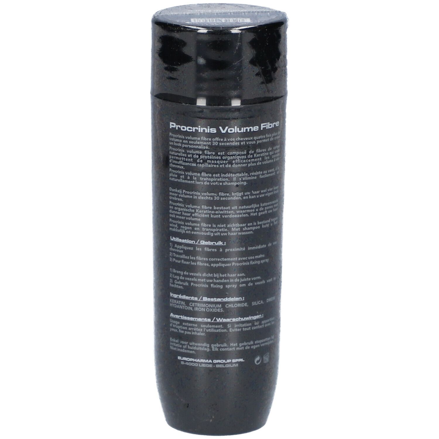 PROCRINIS Keratin Volume Fibre, flacon noir. Dos avec informations et ingrédients.
