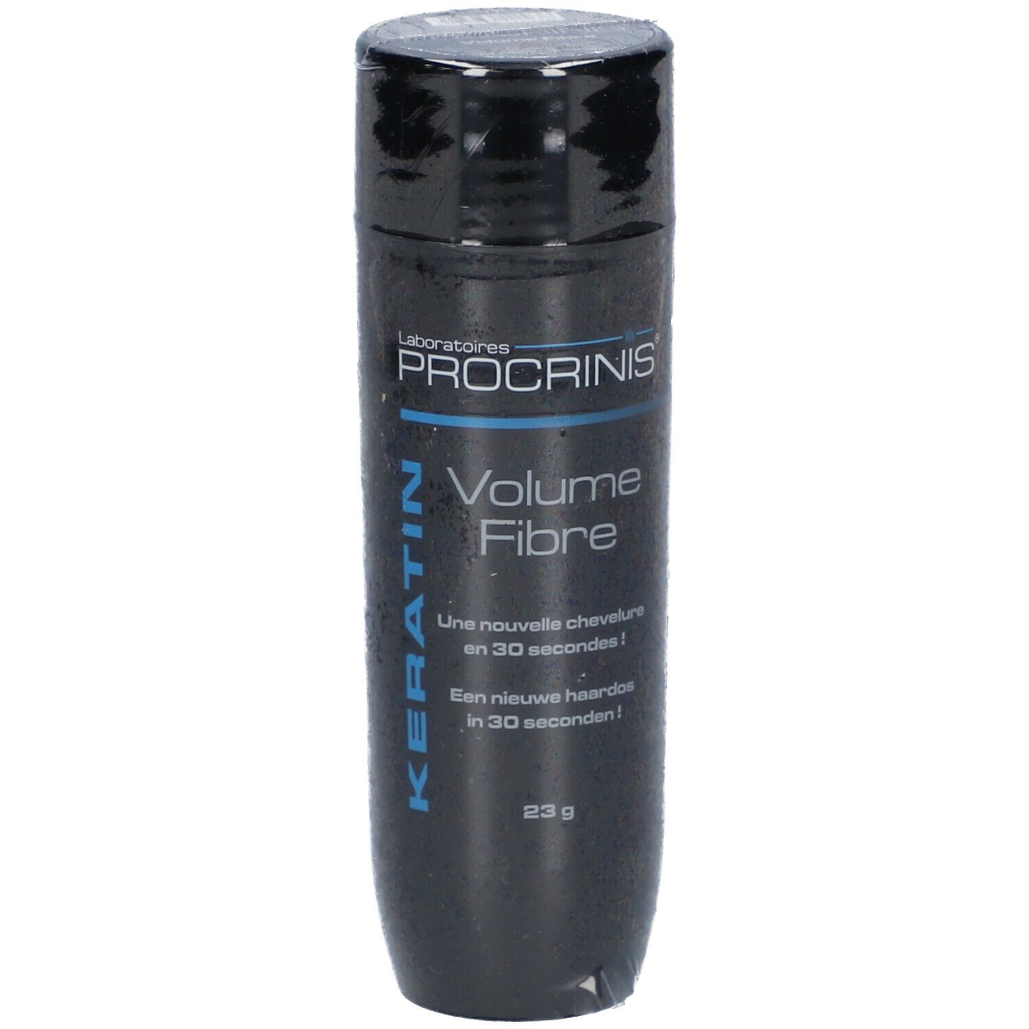 PROCRINIS Keratin Volume Fibre, flacon noir. Inscription: Volume Fibre, Keratin, 23 g.