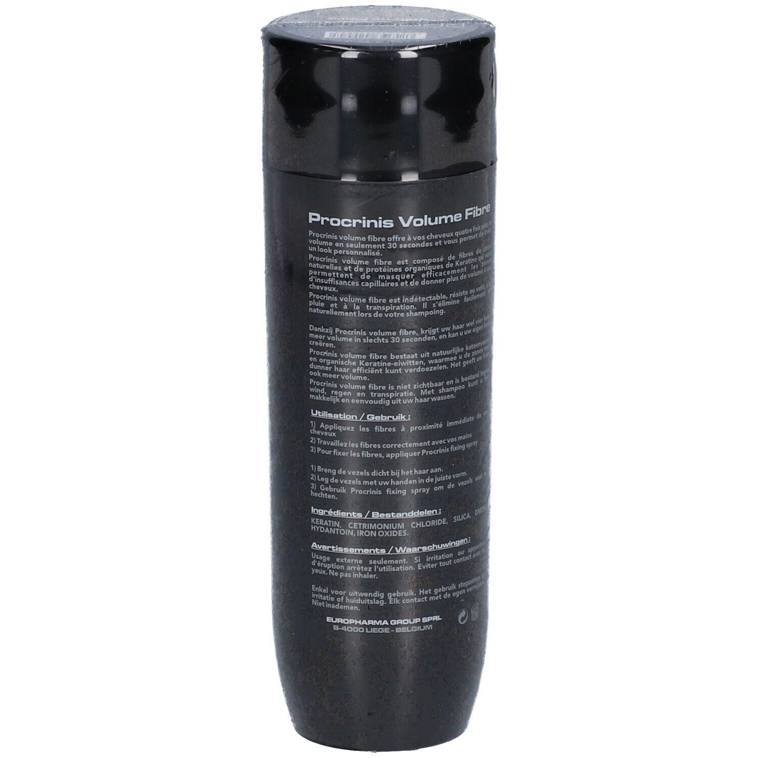 Flacon noir PROCRINIS Volume Fibre. Dos avec texte et ingrédients. Bouchon.