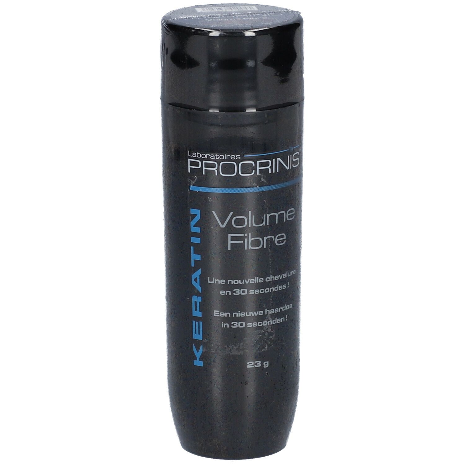 Flacon noir PROCRINIS Volume Fibre. Inscription : Kératine, 23 g. Bouchon et étiquette.