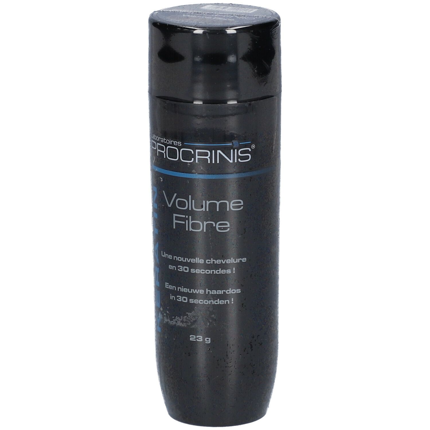 Flacon noir PROCRINIS Volume Fibre. Inscription : Kératine, 23 g. Bouchon et étiquette.
