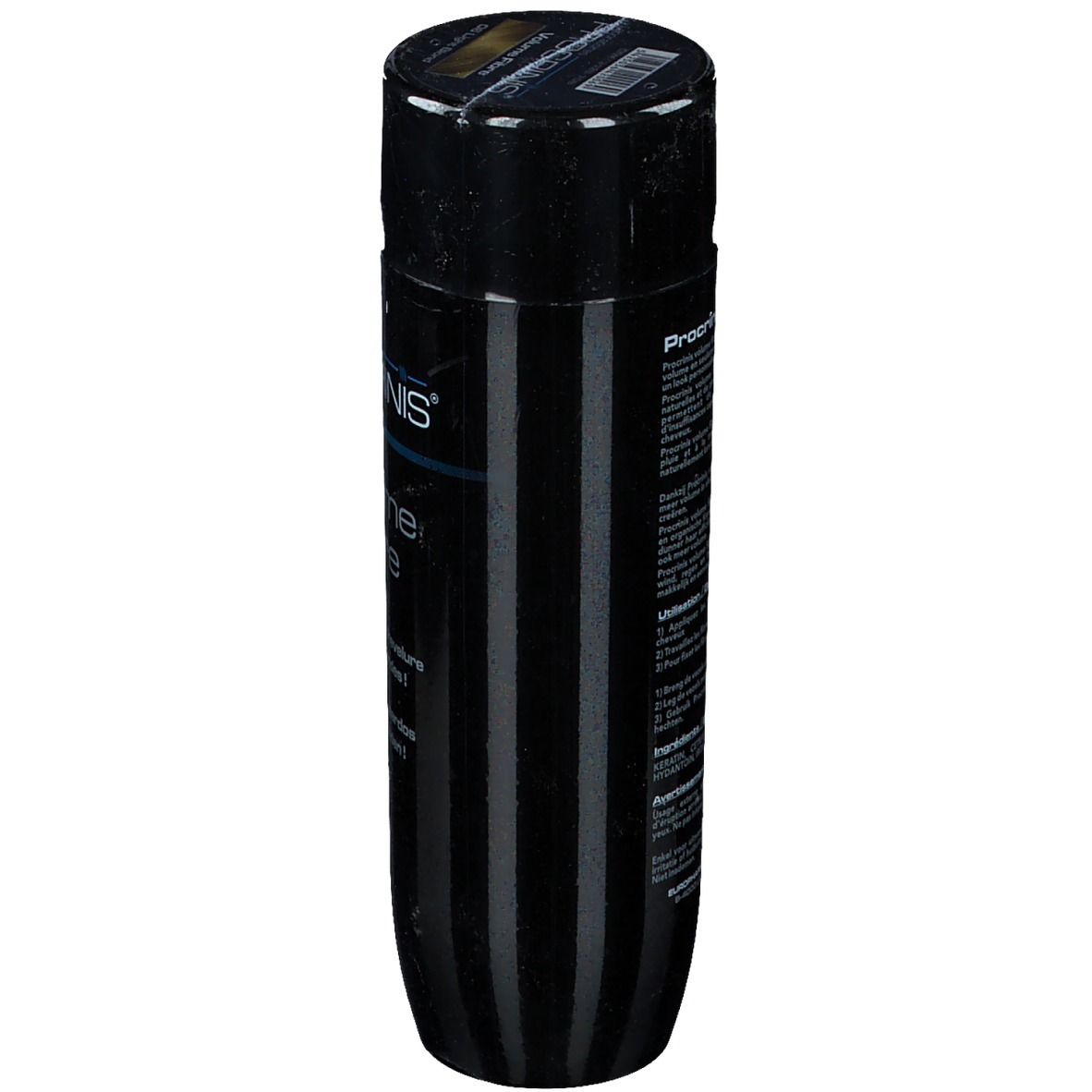 Flacon noir PROCRINIS Keratin Volume Fibre. Dos avec texte. Informations sur le produit.