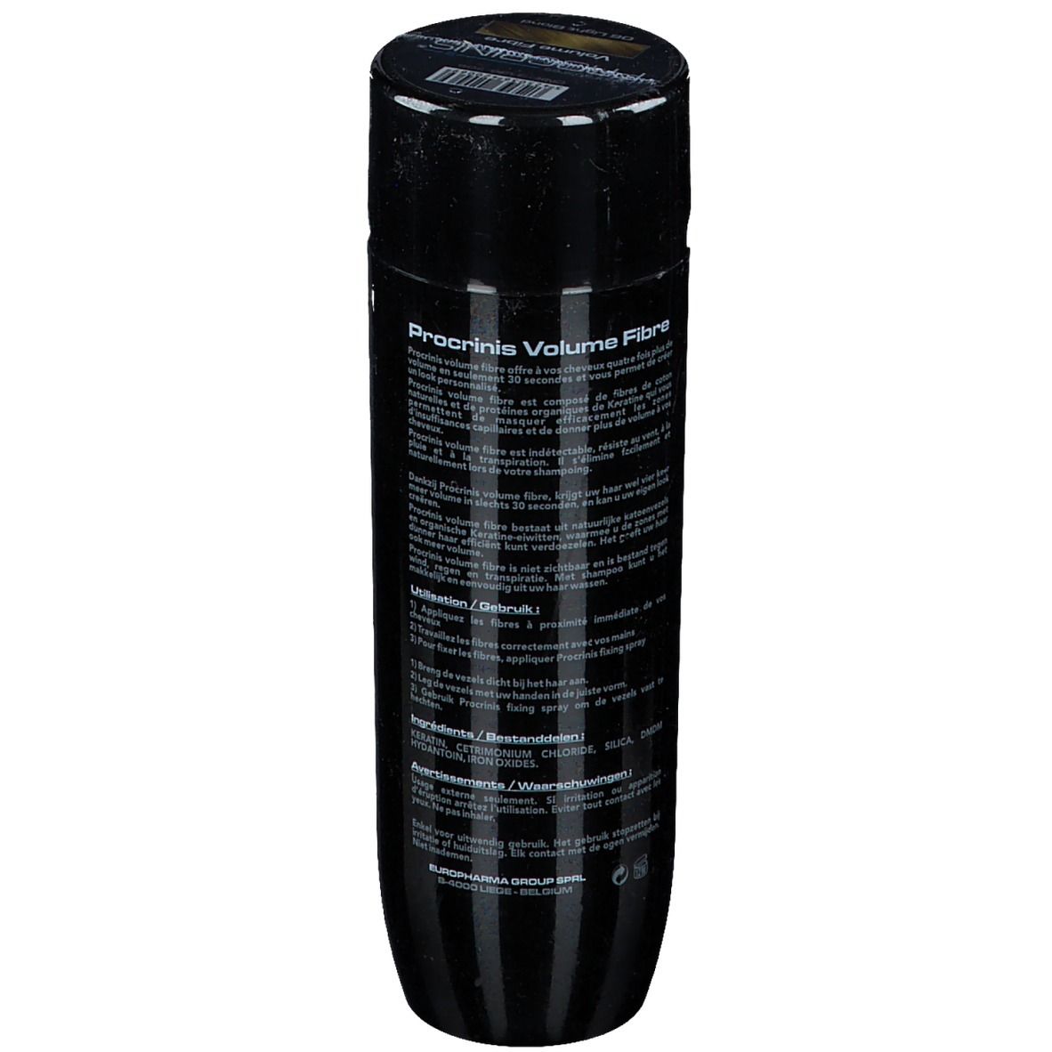 Flacon noir PROCRINIS Keratin Volume Fibre. Dos avec texte. Informations sur le produit.