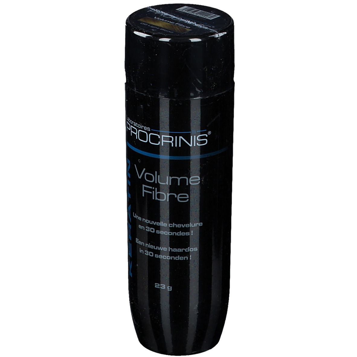 Flacon noir PROCRINIS Keratin Volume Fibre. Inscription: 23g. Texte en français et néerlandais.