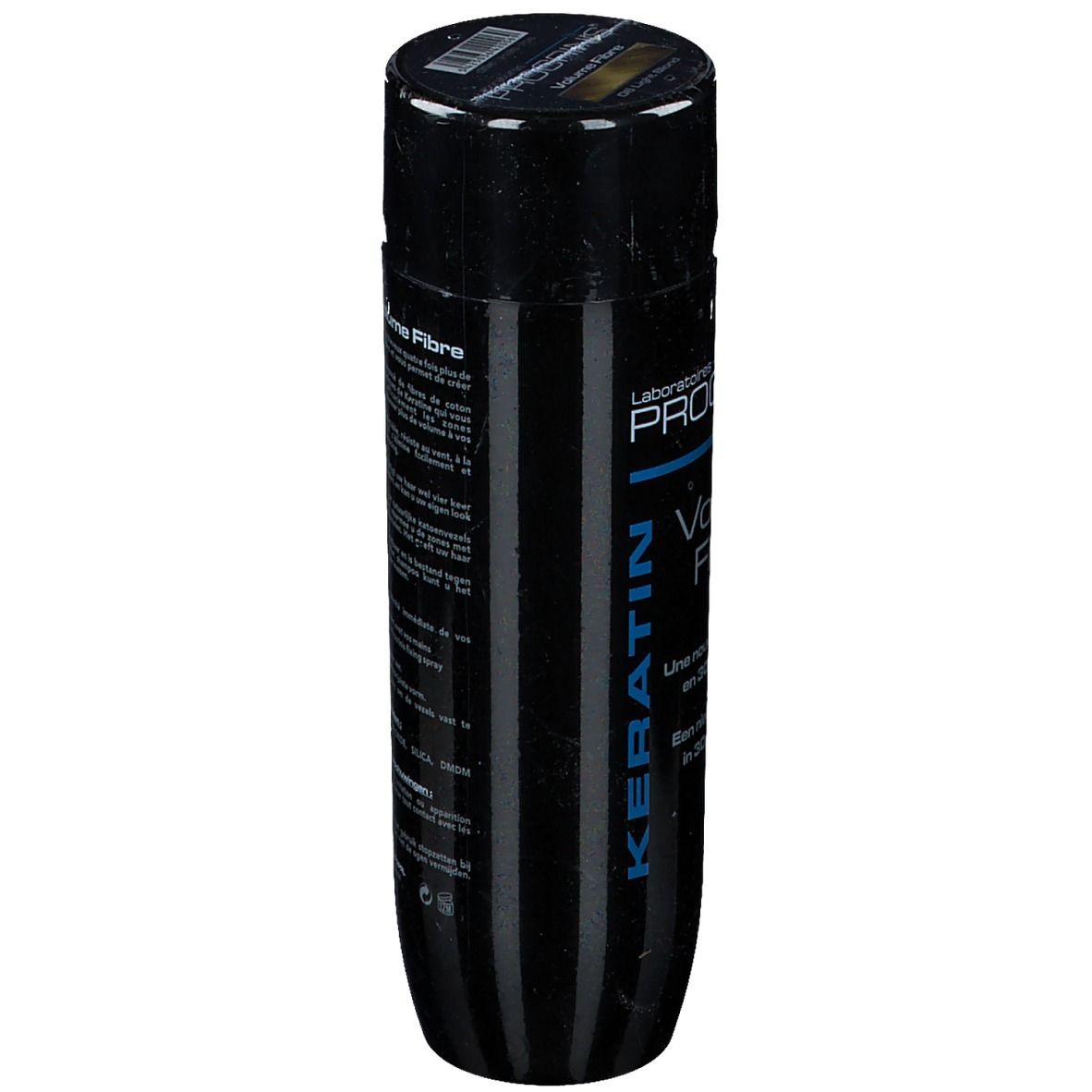 Flacon noir PROCRINIS Keratin Volume Fibre. Dos avec texte. Informations sur le produit.