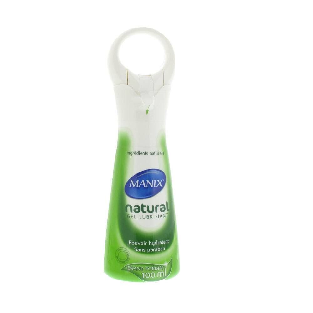 Flacon pompe vert et blanc. Marque ovale bleue MANIX. Texte: natural, Gel Lubrifiant, Pouvoir hydratant, Sans paraben. En bas: 100 ml.