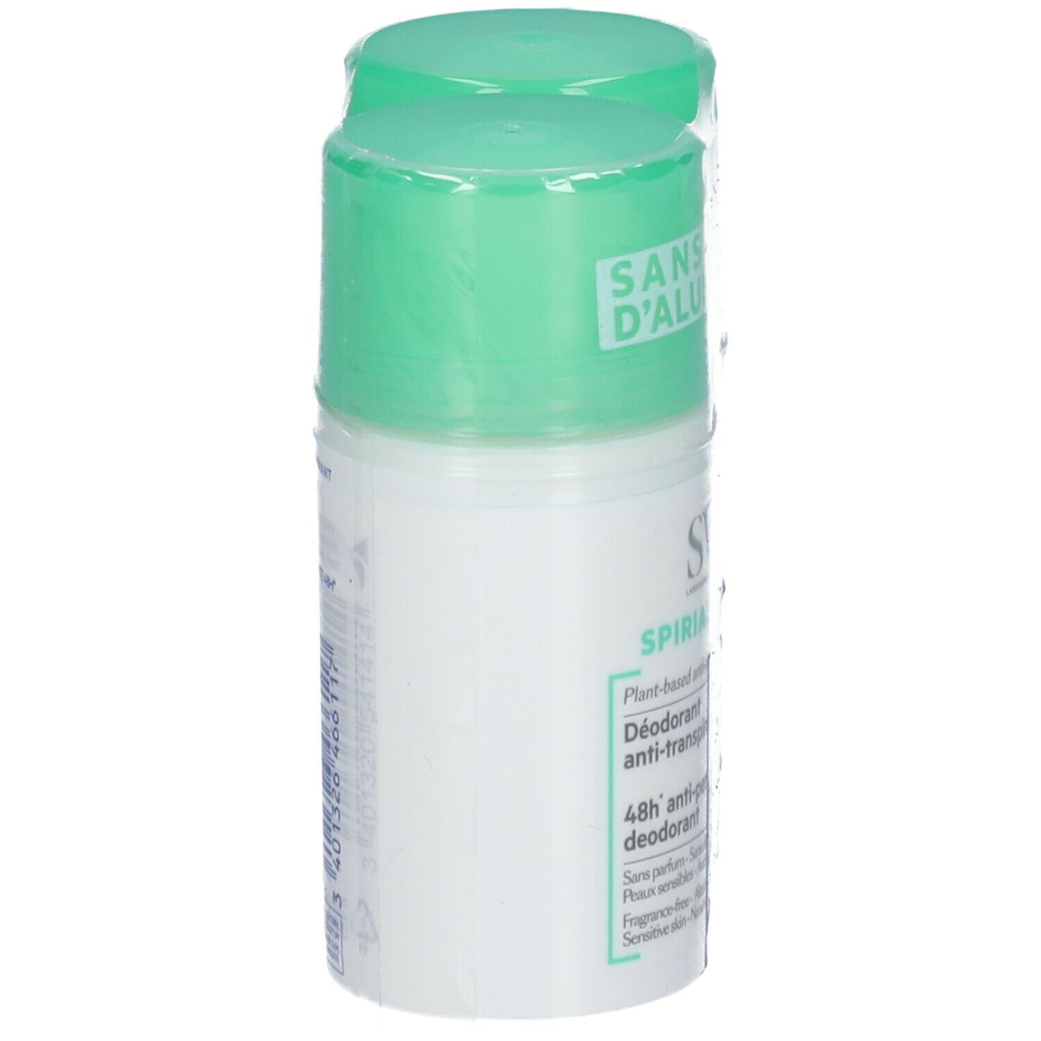 Déodorant roll-on blanc avec bouchon vert. Texte: SANS D'ALU, SPIRIAL, 48h anti-transpirant. Emballage plastique transparent.