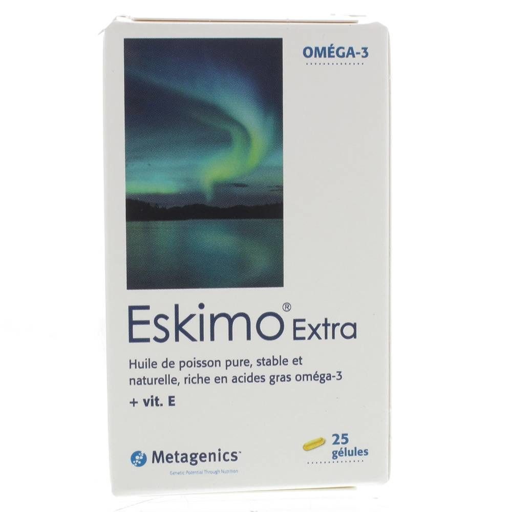 Boîte blanche Eskimo Extra. Texte: Oméga-3, 25 gélules. Image d'une aurore boréale. Logo Metagenics.