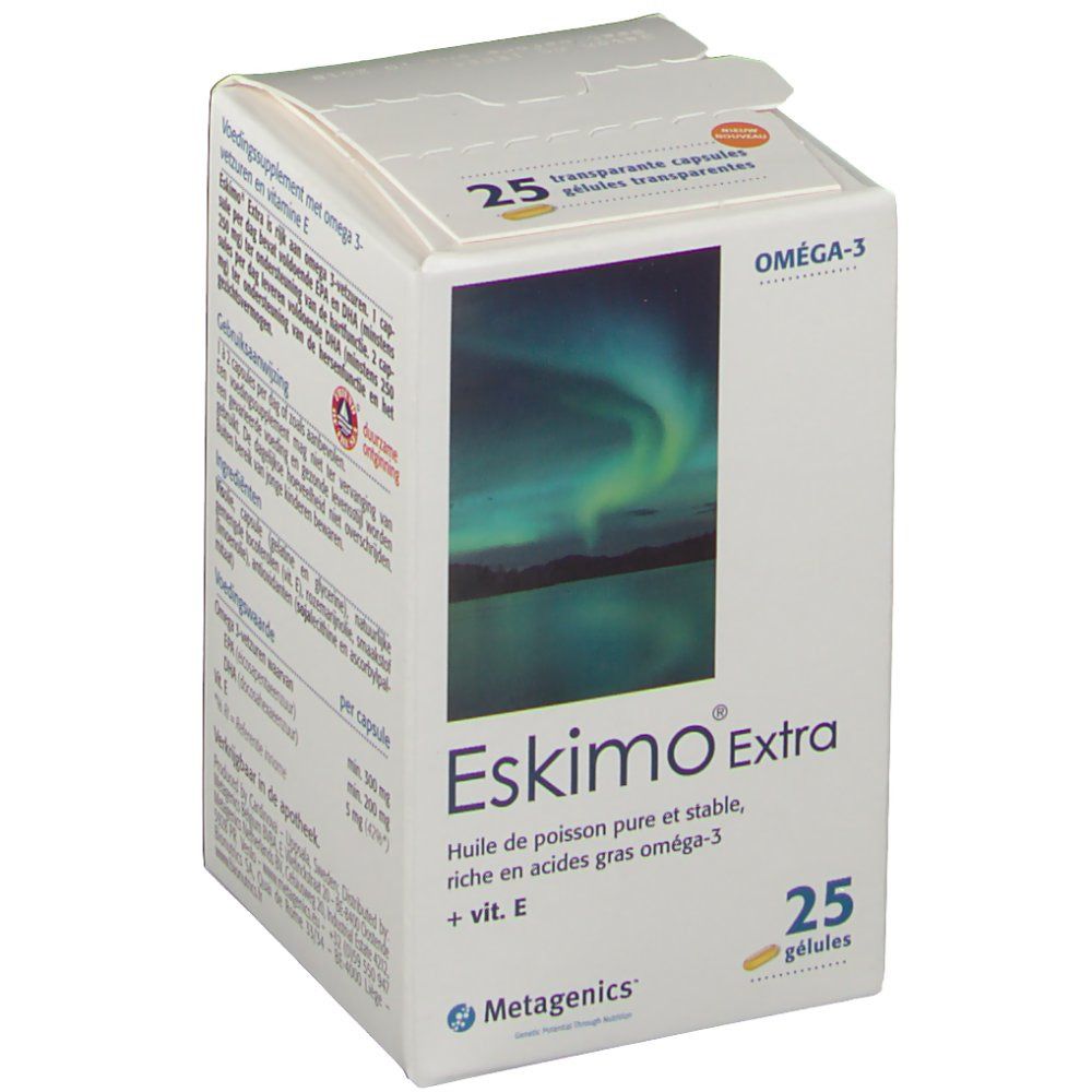 Boîte Eskimo Extra ouverte. Texte: Oméga-3, 25 gélules transparentes. Image aurore boréale. Logo Metagenics.