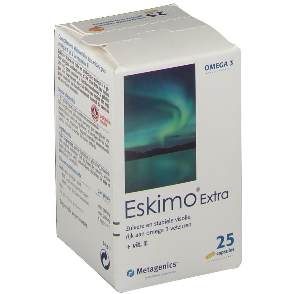 Boîte Eskimo Extra ouverte. Texte: Oméga-3, 25 capsules. Image aurore boréale. Logo Metagenics.