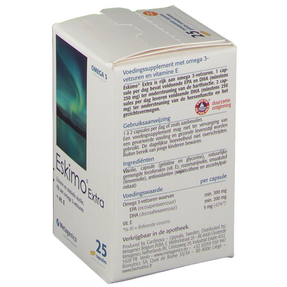 Boîte Eskimo Extra ouverte. Texte: Oméga-3, 25 capsules. Informations produit. Logo Metagenics.