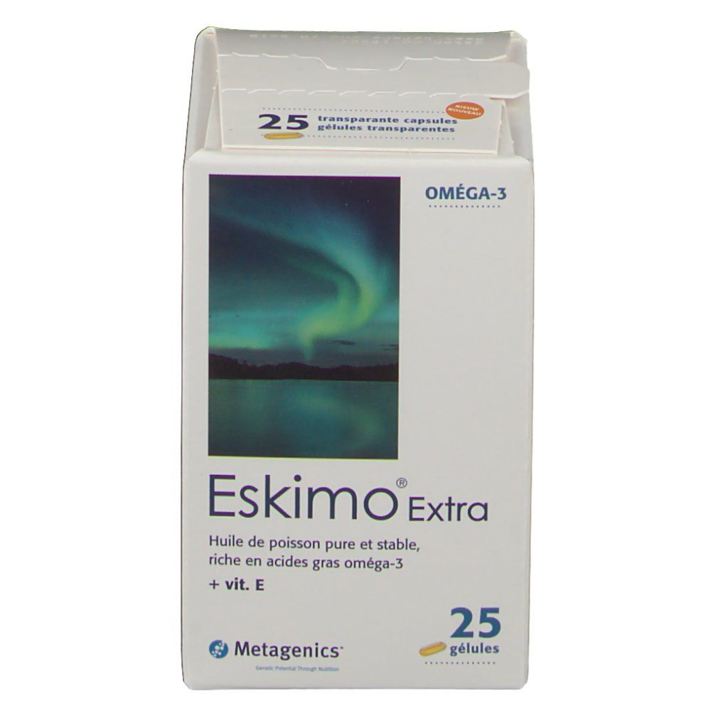 Boîte fermée Eskimo Extra. Texte: Oméga-3, 25 gélules. Image aurore boréale. Logo Metagenics.
