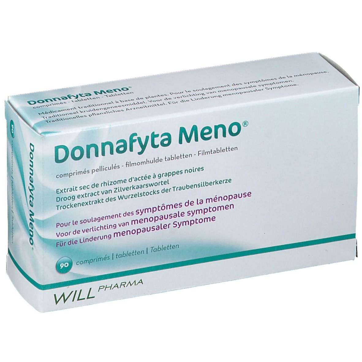 Boîte blanche Donnafyta Meno. Contient 90 comprimés. Ingrédients et informations en plusieurs langues. WILL Pharma.