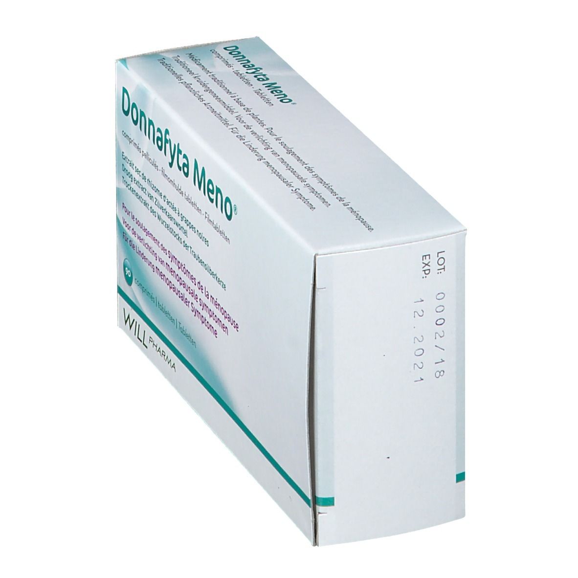 Boîte blanche Donnafyta Meno. Inscriptions en plusieurs langues. Date d'expiration. Produit par WILL Pharma.