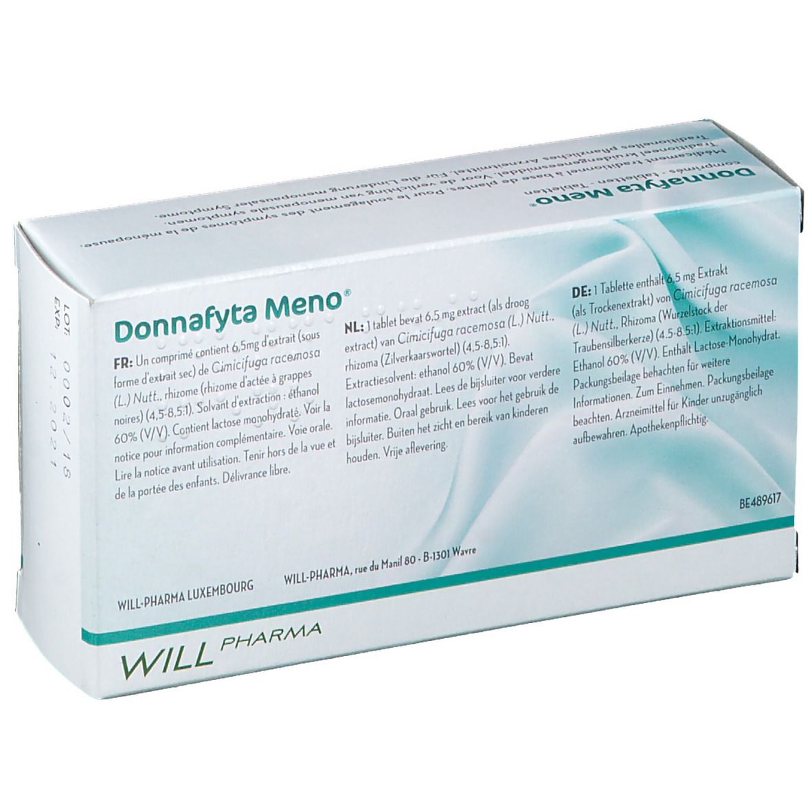 Boîte Donnafyta Meno. Ingrédients et informations en plusieurs langues. Produit par WILL Pharma.
