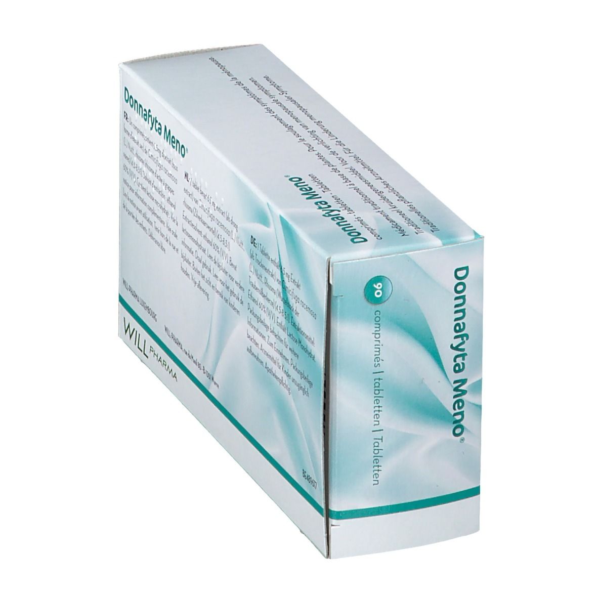 Boîte blanche Donnafyta Meno. Contient 90 comprimés. Informations multilingues. WILL Pharma.