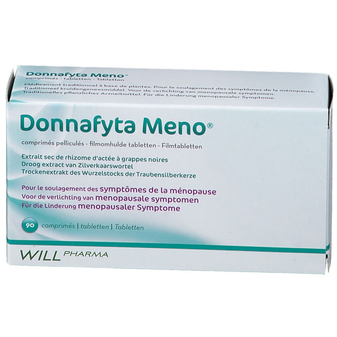 Boîte blanche Donnafyta Meno. Contient 90 comprimés. Informations multilingues. WILL Pharma.