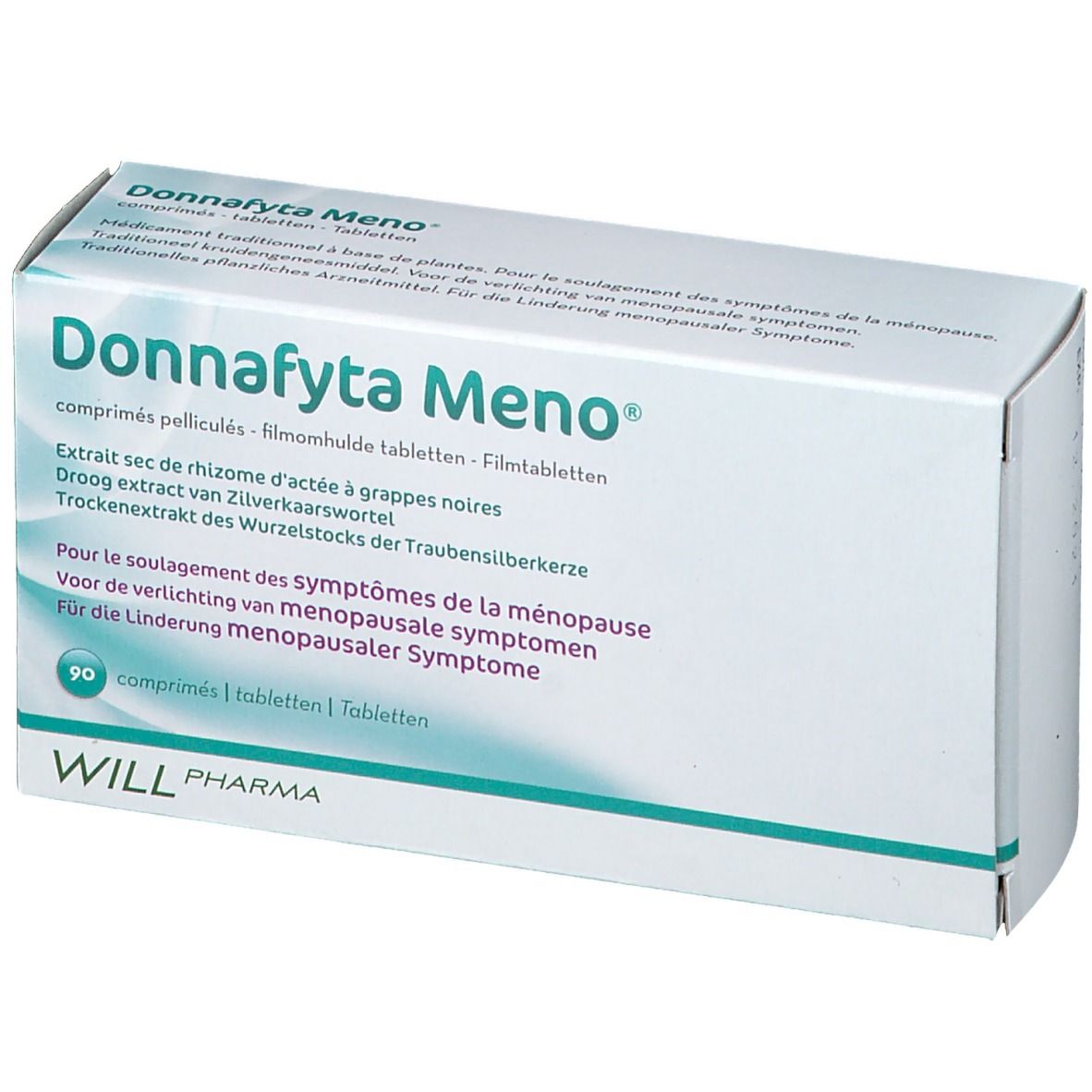 Boîte blanche Donnafyta Meno. Contient 90 comprimés. Informations multilingues. WILL Pharma.
