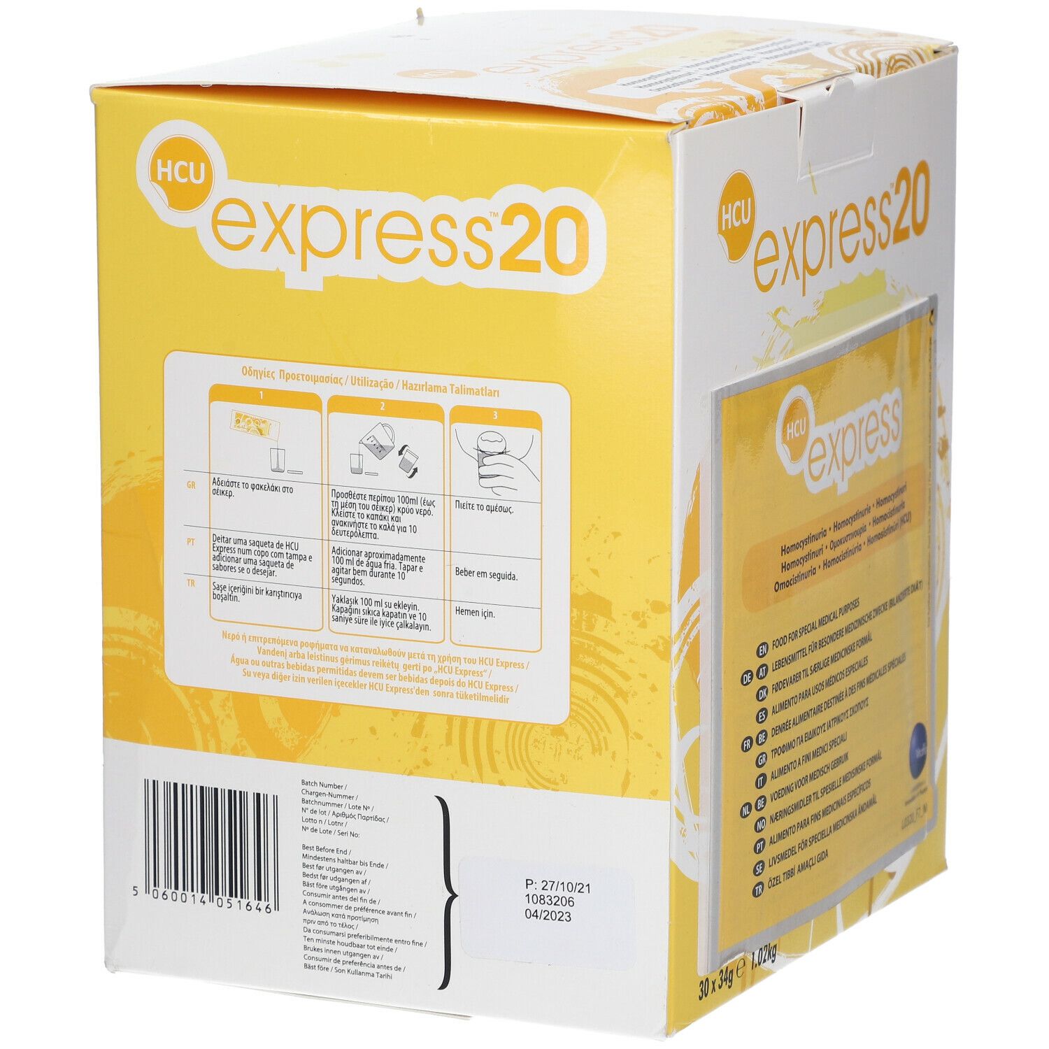 Dos de la boîte jaune "HCU express 20". Instructions et informations de préparation. Numéro de lot et date de péremption.