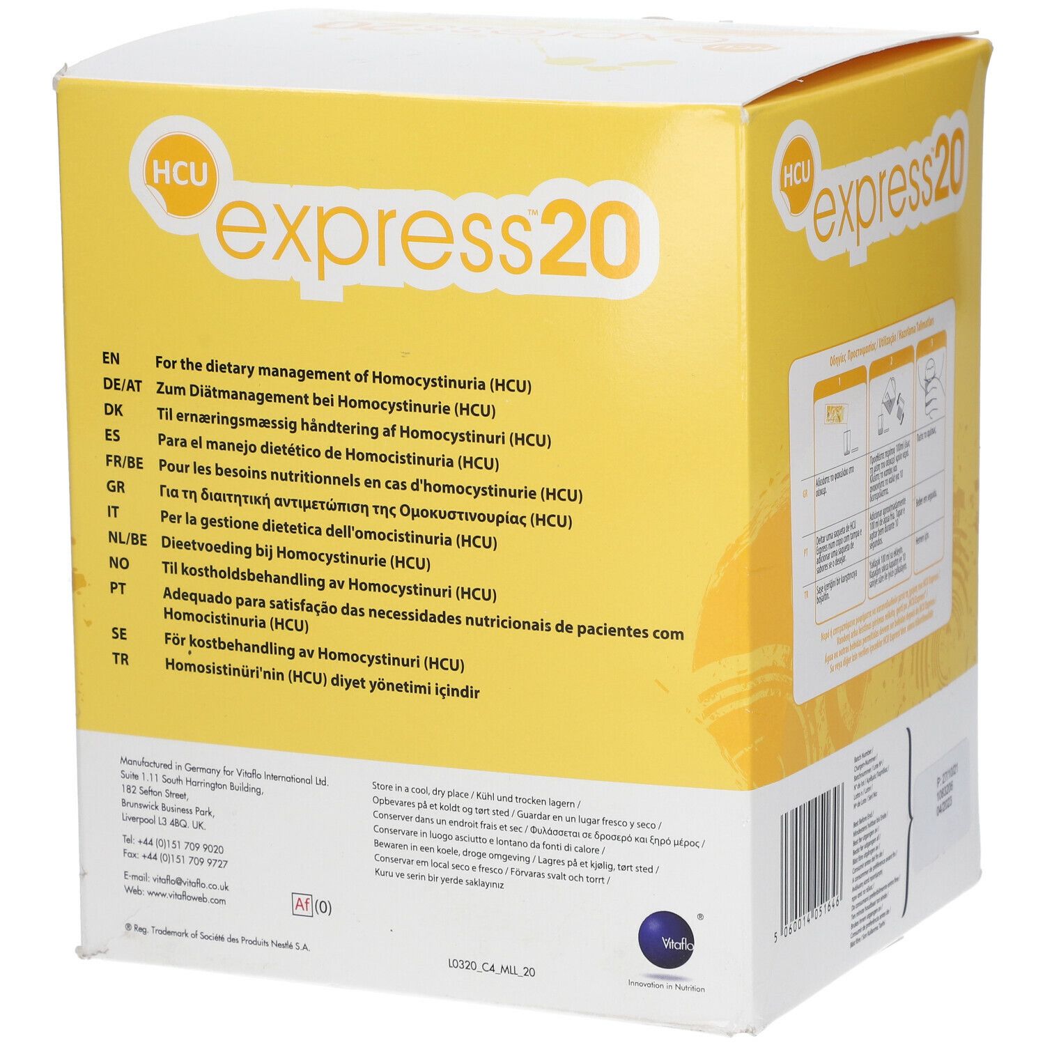 Dos de la boîte jaune "HCU express 20". Texte multilingue, dont "For the dietary management of Homocystinuria (HCU)".