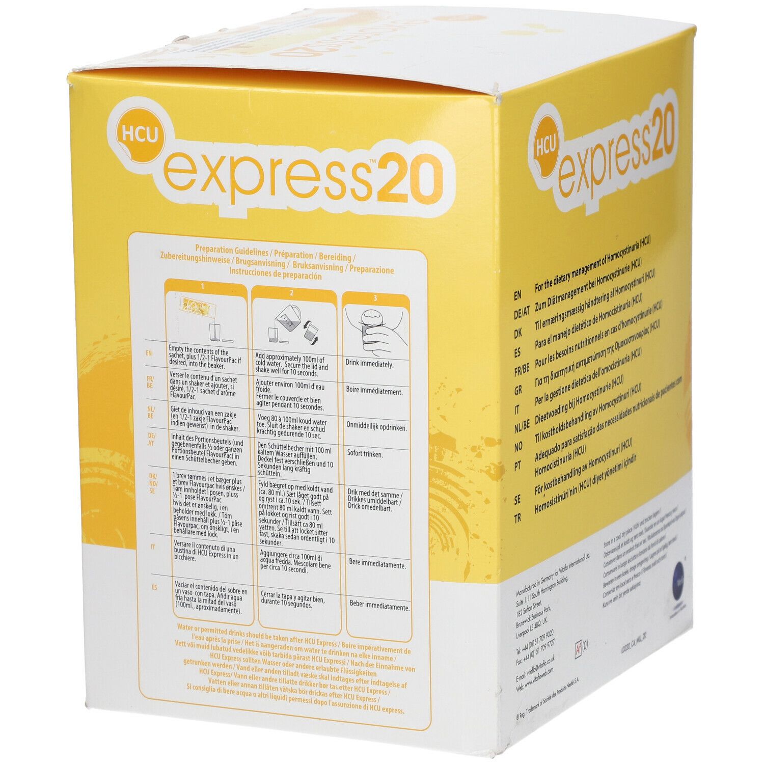 Dos de la boîte jaune "HCU express 20". Instructions de préparation illustrées. Texte multilingue.