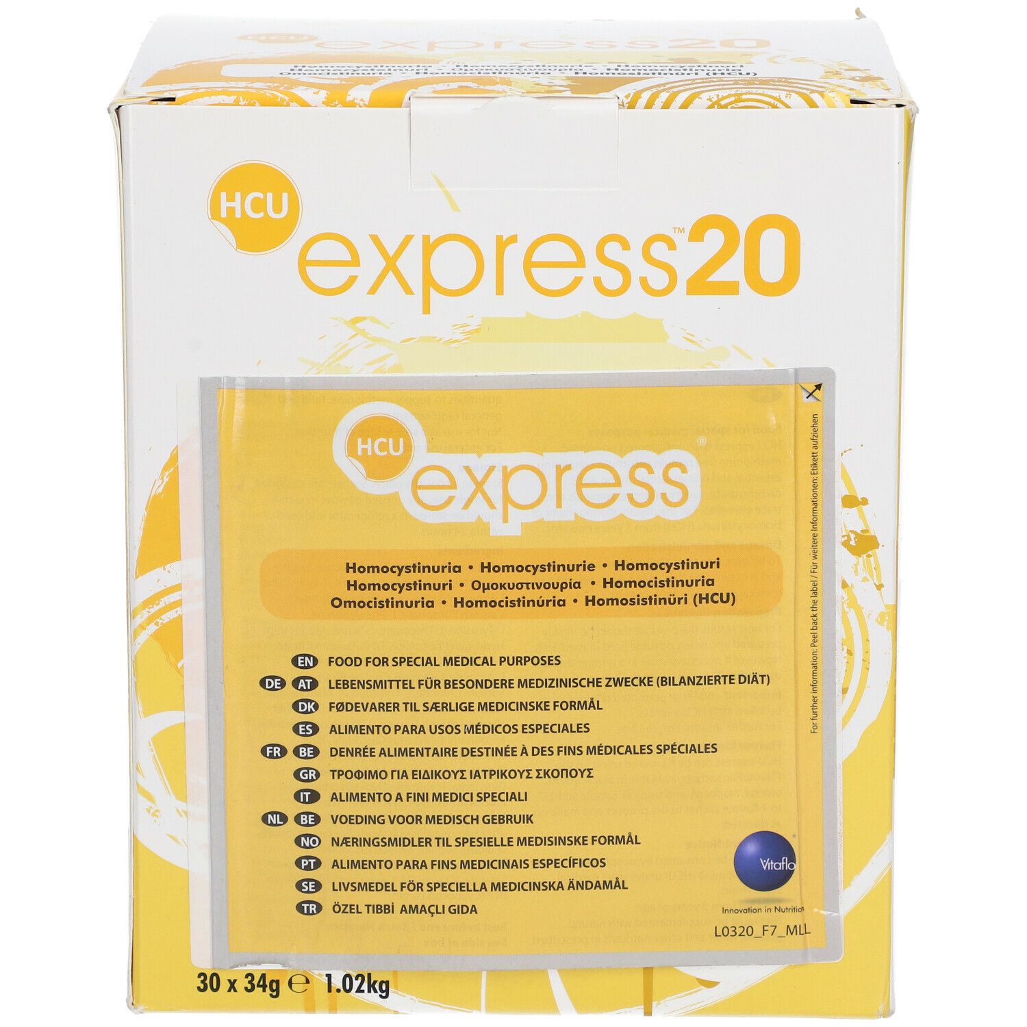Boîte jaune "HCU express 20" avec texte multilingue, dont "Food for special medical purposes". Contient 30 x 34g.