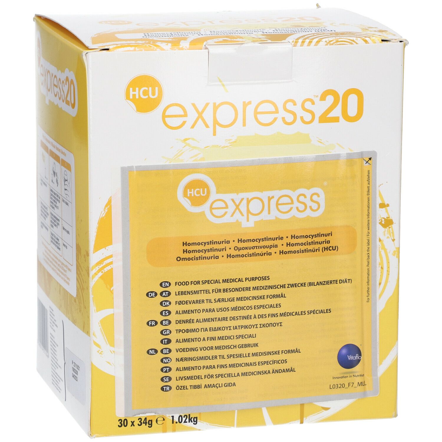 Boîte jaune "HCU express 20" avec texte multilingue, dont "Food for special medical purposes". Contient 30 x 34g.