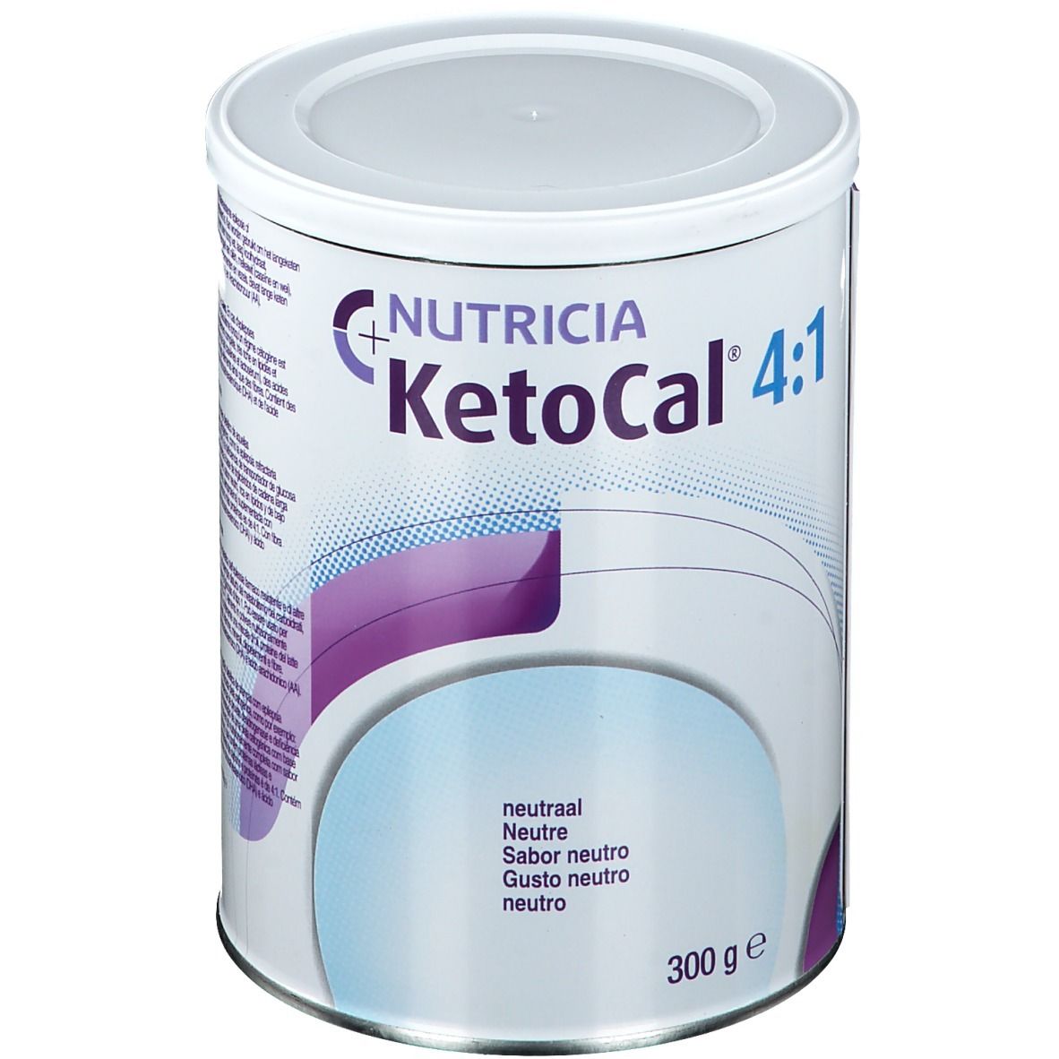 Blik Ketocal 4:1 Neutre van Nutricia. Witte deksel, paarse en blauwe graphics. Opschrift: Neutre, 300 g.