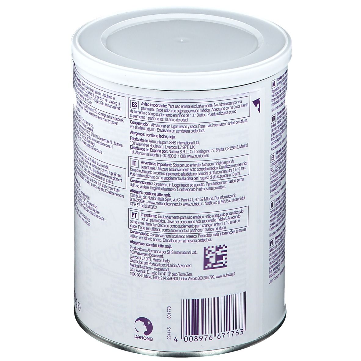 Achterkant van de Ketocal 4:1 Neutre-blik. Tekst in meerdere talen. Barcode en fabrikantinformatie.