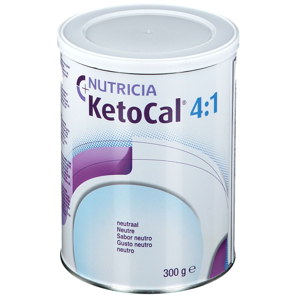 Blik Ketocal 4:1 Neutre van Nutricia. Witte deksel, paarse en blauwe graphics. Opschrift: Neutre, 300 g.