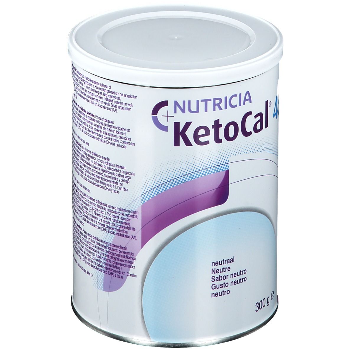 Blik Ketocal 4:1 Neutre van Nutricia. Witte deksel, paarse en blauwe graphics. Opschrift: Neutre, 300 g.