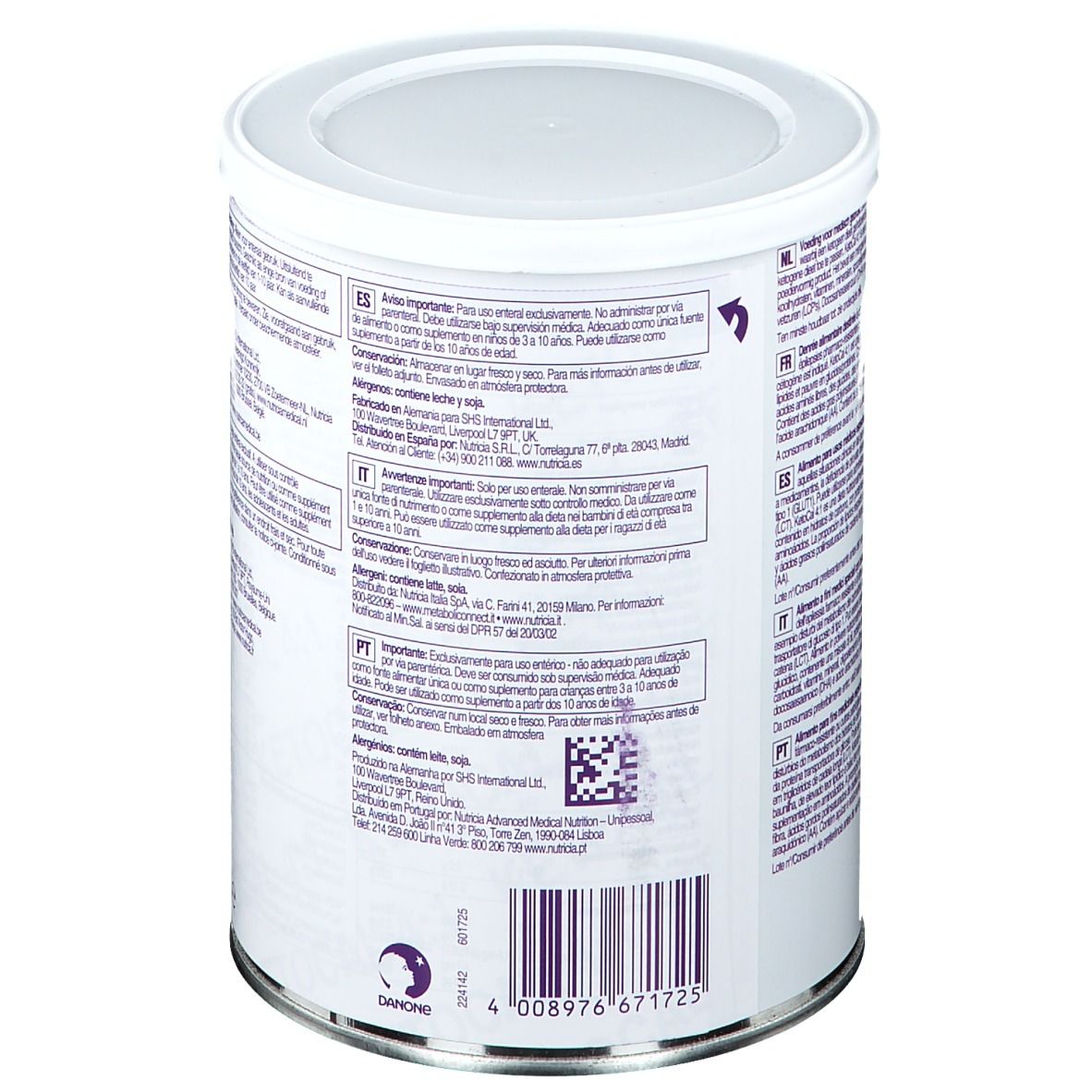 Achterkant van de bus. Tekst in meerdere talen. Informatie over ingrediënten, allergenen en fabrikant. Barcode.