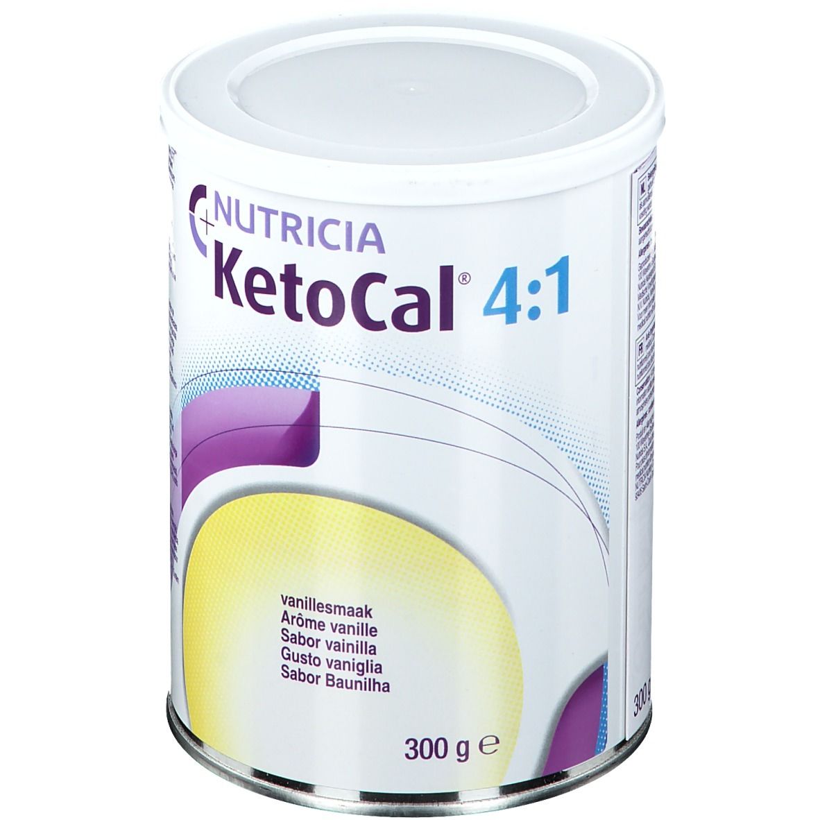 Ronde bus met deksel. Opschrift Nutricia KetoCal 4:1 Vanille. 300 g. Smaakaanduidingen in meerdere talen.