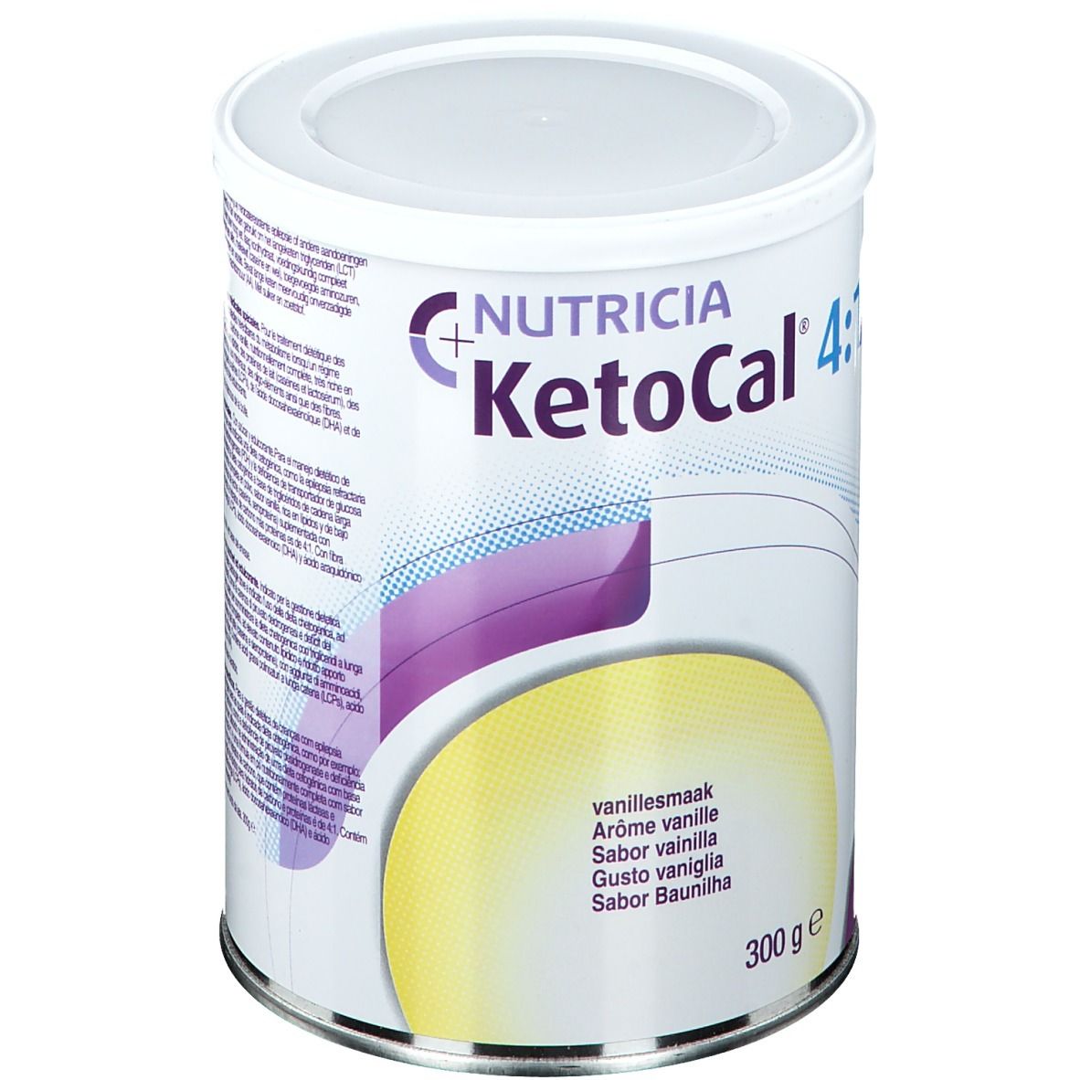 Ronde bus met deksel. Opschrift Nutricia KetoCal 4:1 Vanille. 300 g. Smaakaanduidingen in meerdere talen.