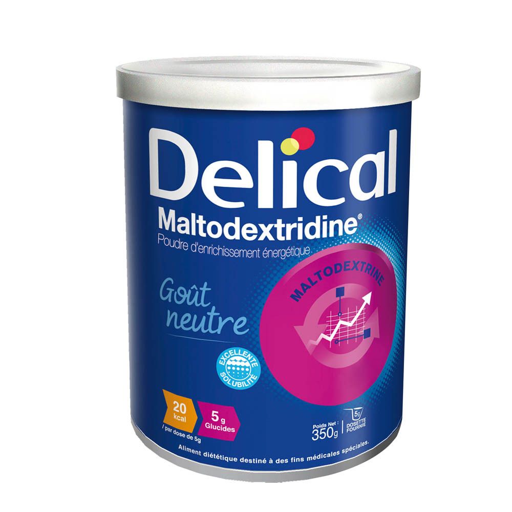 Boîte de Delical Maltodextrine, goût neutre. Boîte bleue avec couvercle blanc. Contient 70 doses x 5g.