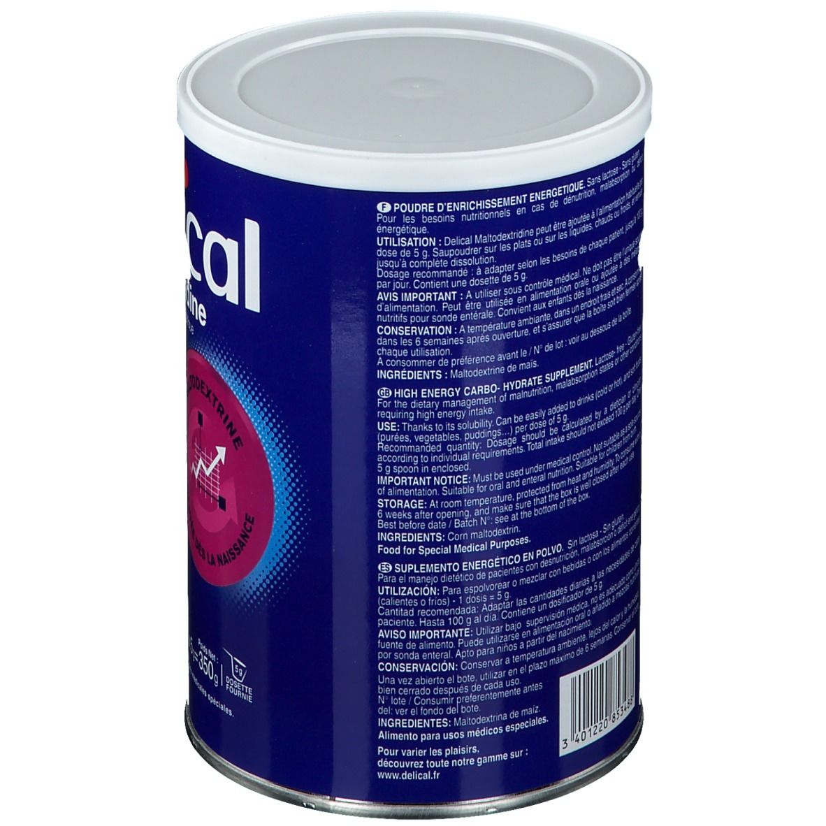 Dos de la boîte Delical Maltodextrine. Boîte bleue avec couvercle blanc. Texte en plusieurs langues.
