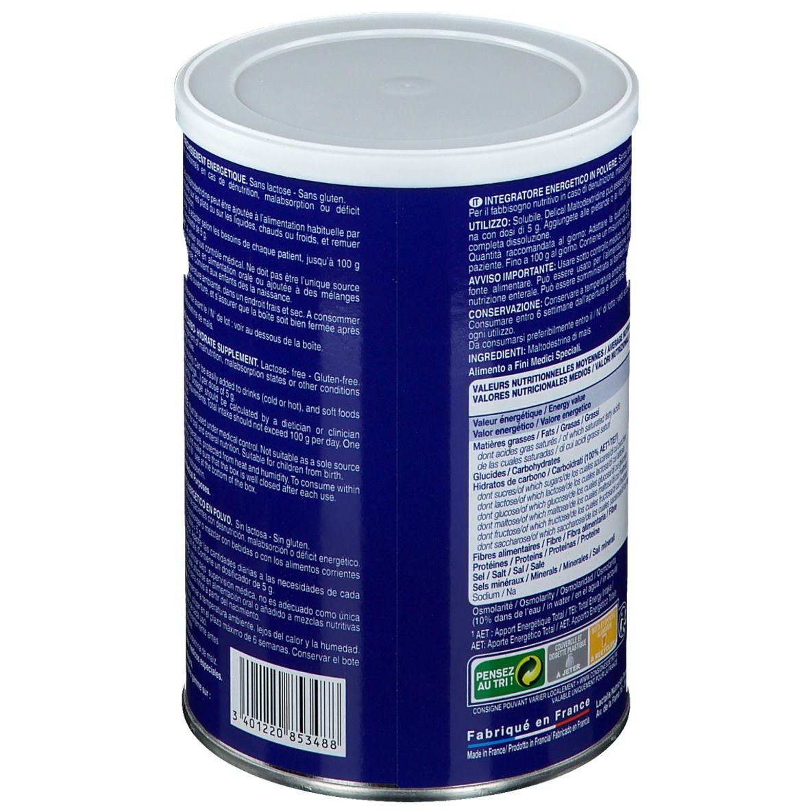 Dos de la boîte Delical Maltodextrine. Boîte bleue avec couvercle blanc. Texte en plusieurs langues.