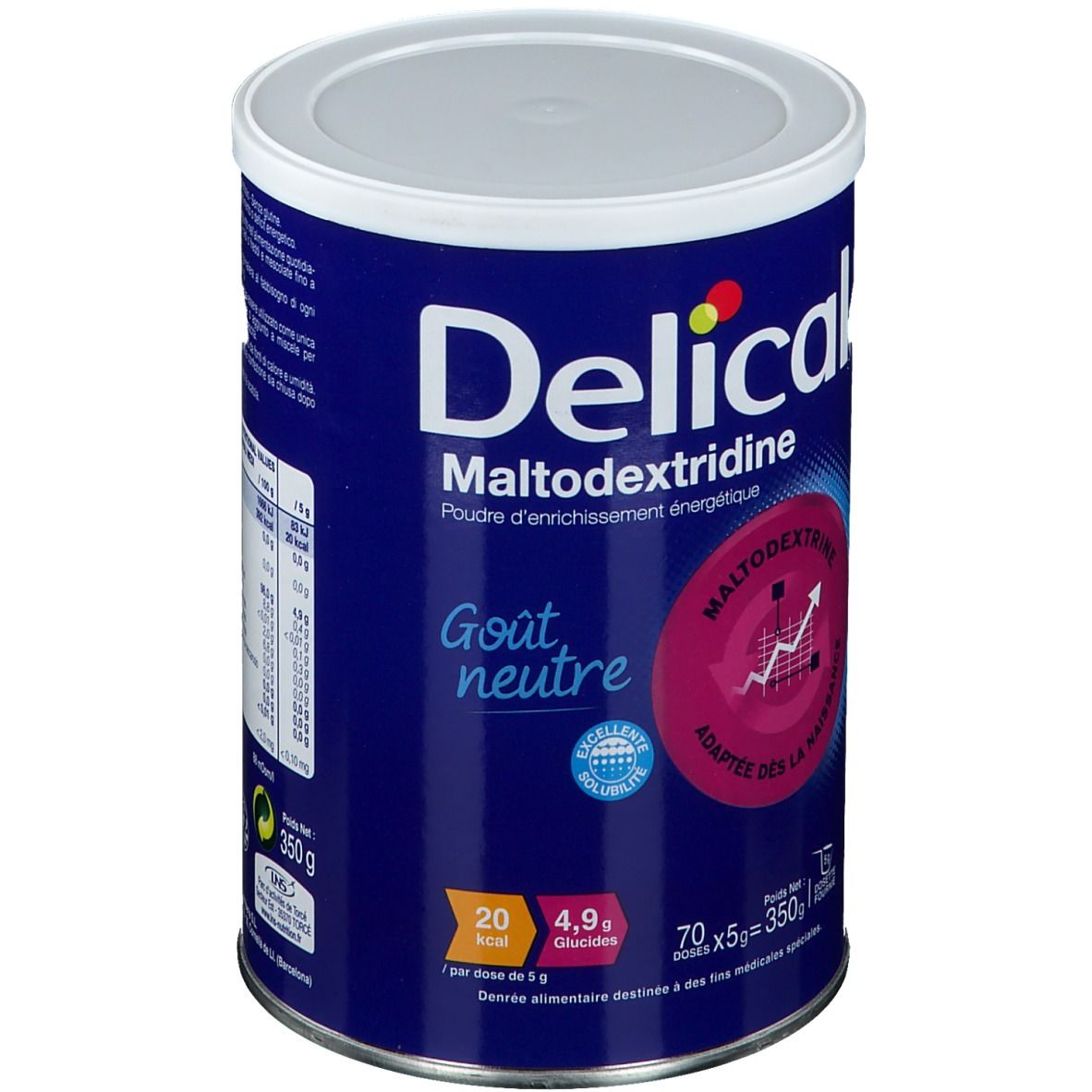 Boîte de Delical Maltodextrine, goût neutre. Boîte bleue avec couvercle blanc. Contient 70 doses x 5g.