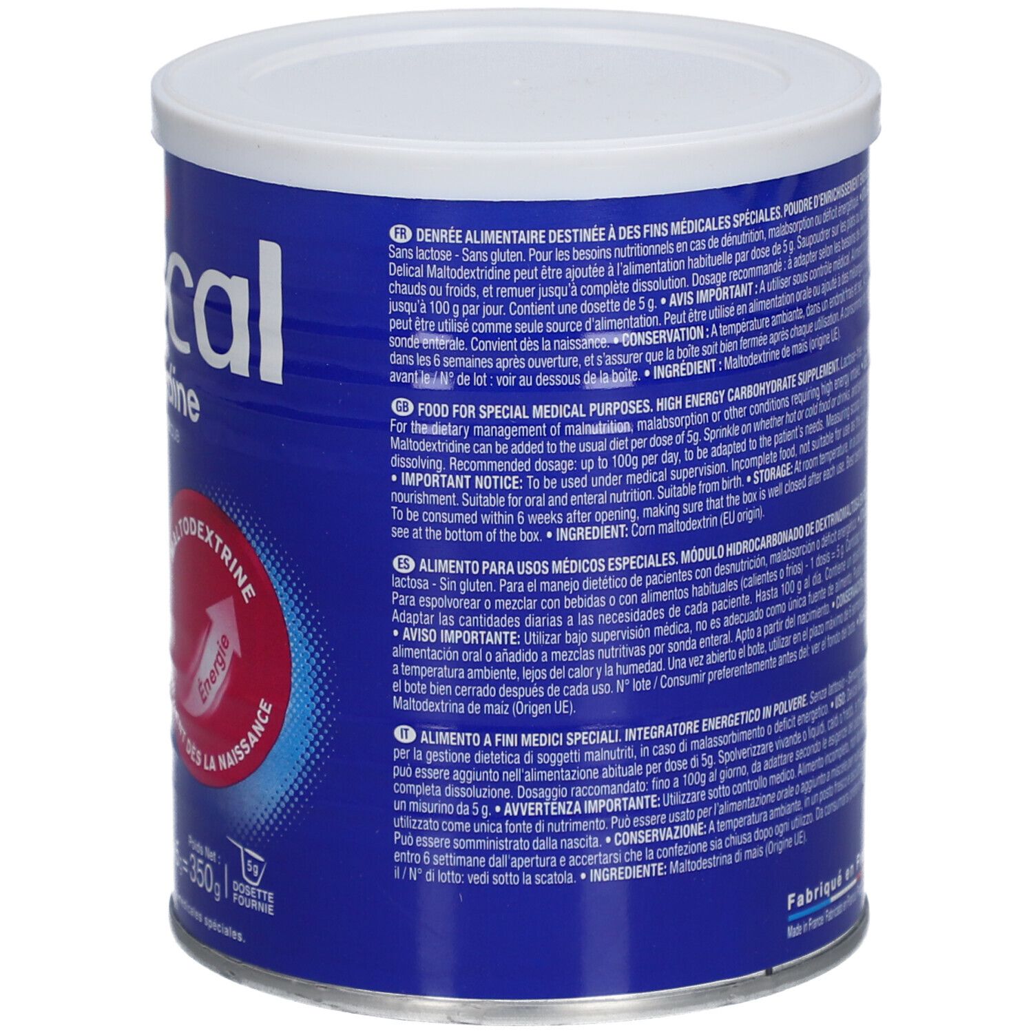 Dos de la boîte Delical Maltodextrine. Boîte bleue avec couvercle blanc. Texte en plusieurs langues.