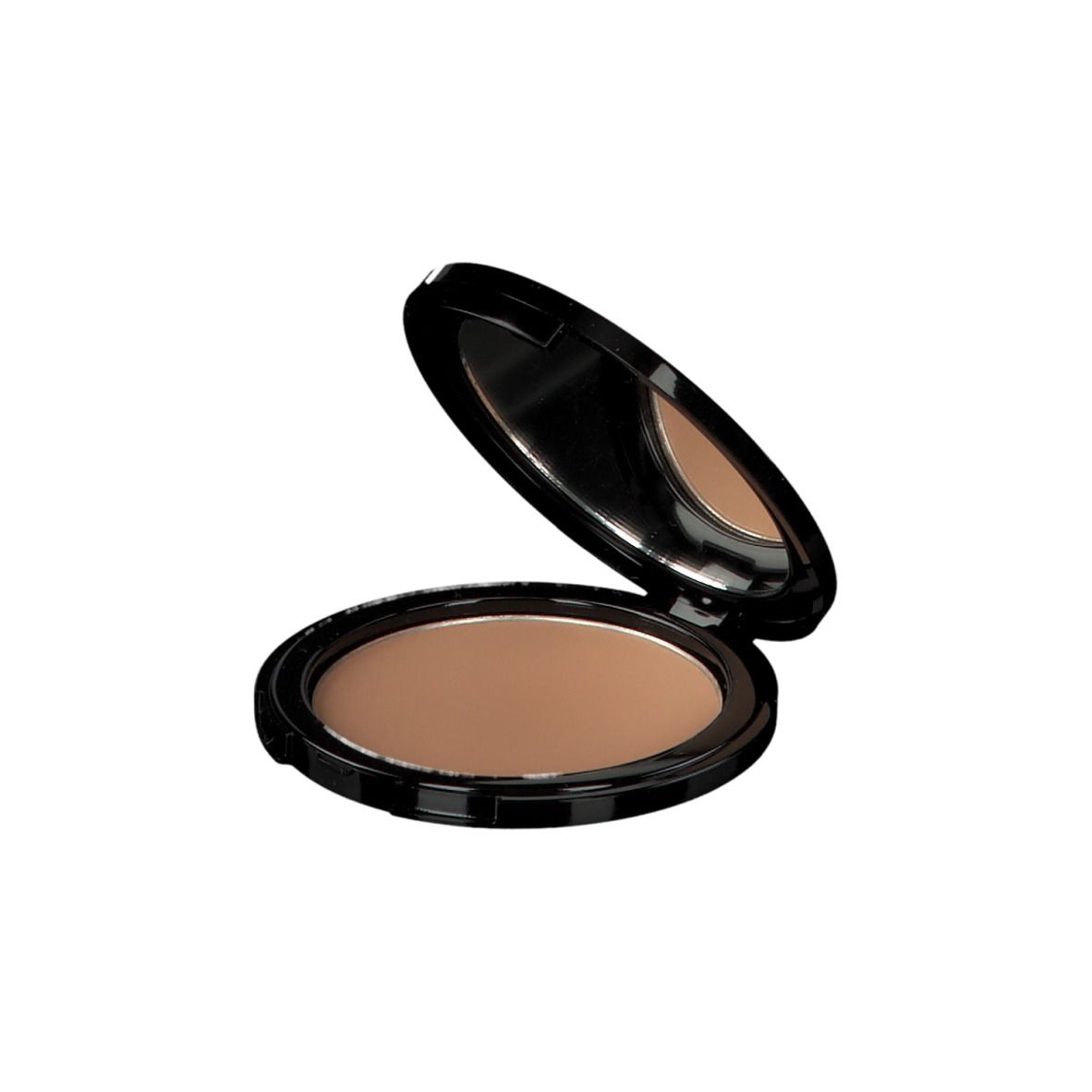 Ronde zwarte bronzer compactpoeder met spiegel. Deksel open, poeder zichtbaar. Bruine kleur.