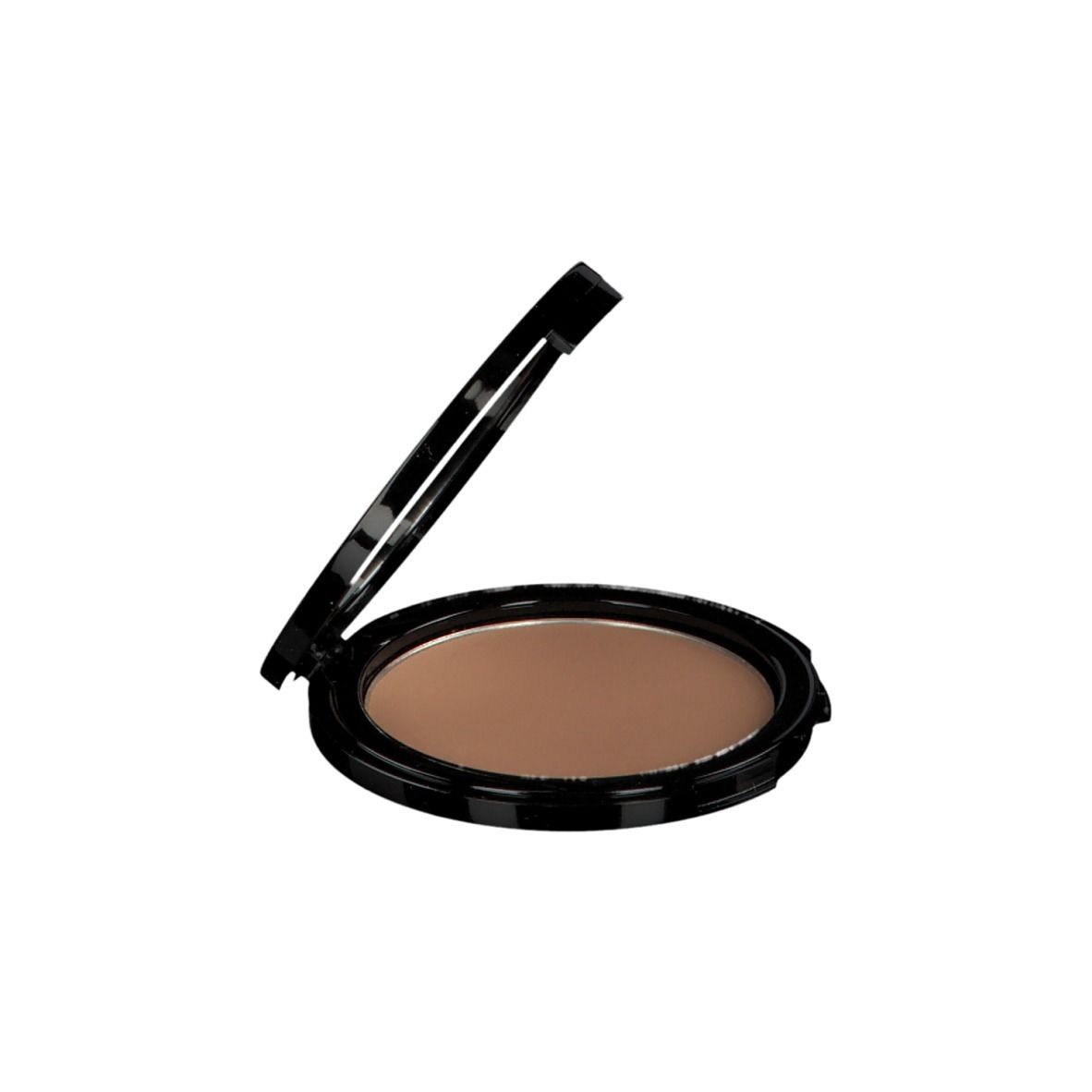 Ronde zwarte bronzer compactpoeder met spiegel. Deksel open, poeder zichtbaar. Bruine kleur.