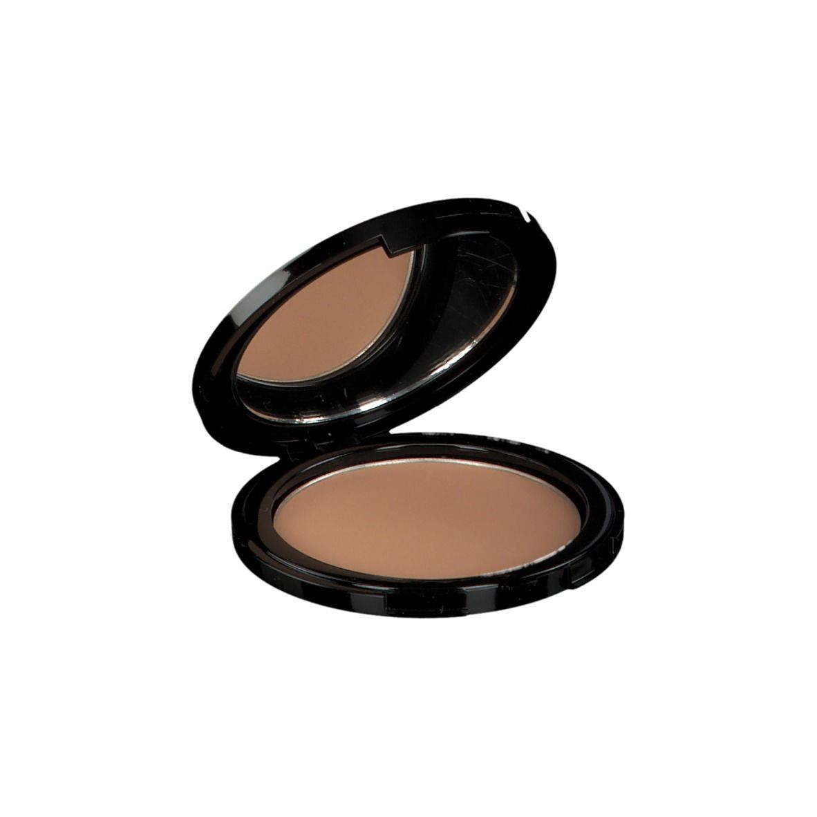 Ronde zwarte bronzer compactpoeder met spiegel. Deksel open, poeder zichtbaar. Bruine kleur.
